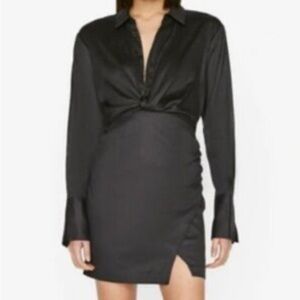 FRAME Black Twist-front Twill Mini Shirt Dress classic minimalist LBD